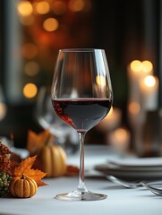 Elegant glass of red wine on a candlelit dinner table with autumn decor. Captures warmth, elegance, and seasonal ambiance for dining and gatherings.