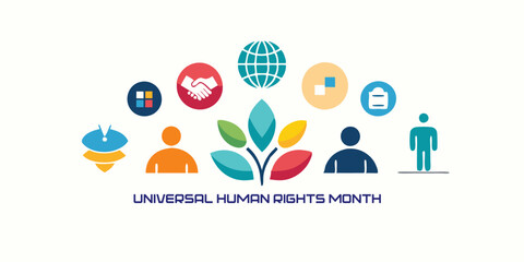  Universal human rights month concept with diverse symbols and icons for awareness campaigns