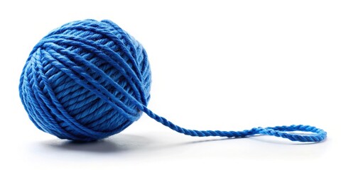 low angle view of blue wool string rope ball isolated on white background