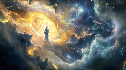 Wall Mural - Tendrils of energy flow from the figure into the boundless expanse of galaxies