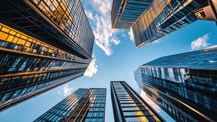 Tall skyscrapers reaching towards the sky with a blue sky and clouds in the background.