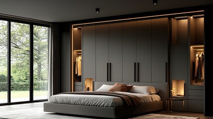 Poster - A contemporary master bedroom with a sleek wardrobe design, showcasing integrated lighting and stylish hardware for a modern look.