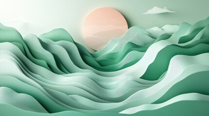 Poster - A dynamic green futuristic landscape featuring 3D shapes and fluid lines, encapsulating the essence of modern design and creativity.