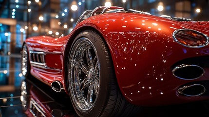 2410 25.High-end sports car under bright lights in a showroom, featuring a close-up of its polished chrome wheels and sleek, smooth tires, the intricate design reflecting the sophisticated