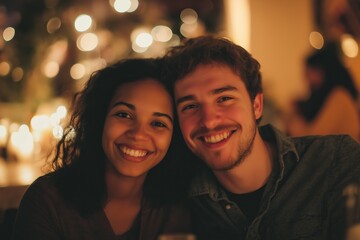 A man and a woman are smiling at the camera. The man is wearing a black shirt and the woman is wearing a brown shirt. They are both wearing glasses