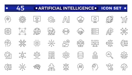 Fototapete - Artificial intelligence set of outline web icons. AI technology icons for web and mobile app. Machine learning, digital AI technology, algorithm, smart robotic, cloud computing, AI Assistant.