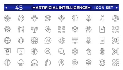 Fototapete - Artificial intelligence set of outline web icons. AI technology icons for web and mobile app. Machine learning, digital AI technology, algorithm, smart robotic, cloud computing, AI Assistant.