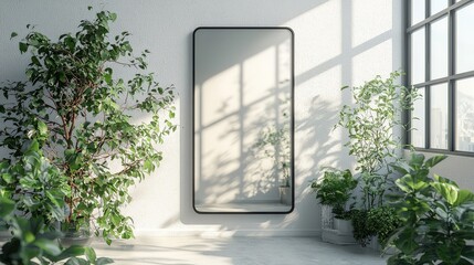 Poster - An elegant black metal-framed mirror beautifully positioned against a clean white background, inviting viewers to appreciate its modern design.