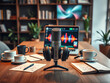 © Vectplus - A laptop, coffee cup, and microphone arranged on a wooden table, creating a cozy podcast atmosphere