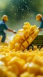 © RaptorWoman - Tiny figures in hard hats unloading juicy mango cubes, creating a playful scene blending food and imagination.