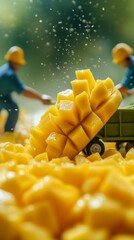 Tiny figures in hard hats unloading juicy mango cubes, creating a playful scene blending food and imagination.