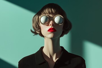 Portrait of a fashionable woman wearing striking reflective sunglasses and red lipstick, set against a vibrant teal background.