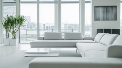 Modern minimalist living room with white and gray furniture. Featuring an open, bright design with minimal decor. Showcasing clean lines and contemporary elegance. Ideal for interior design showcases