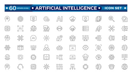 Fototapete - Artificial intelligence set of outline web icons. AI technology icons for web and mobile app. Machine learning, digital AI technology, algorithm, smart robotics. Editable stroke outline icon. 
