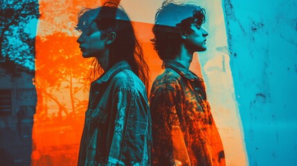 Vibrant double exposure of two individuals in denim jackets, blending urban and natural elements with bold orange and blue tones.