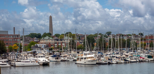 Sticker - Marina n the Charles River with the Bunker Hill Monument in the background, Boston, Massachusetts, USA
