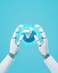 Poster - A futuristic robotic hand holds a glowing sphere, symbolizing technology and innovation against a vibrant blue background.