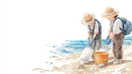 Two children collecting trash on a beach, white isolate background.