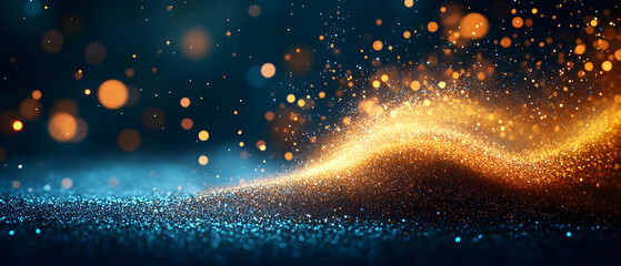 Poster - Dynamic abstract background with glittering particles and flowing waves in blue and gold hues.