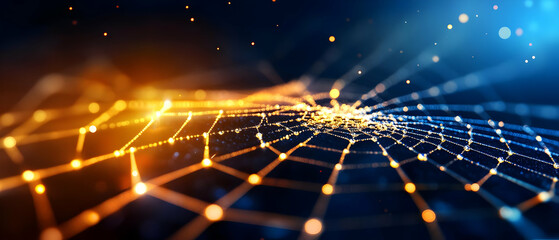 Poster - A mesmerizing abstract representation of a spider web with glowing lights in blue and orange tones against a dark background.