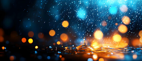 Poster - Abstract water droplets creating a splash with colorful bokeh lights in the background.