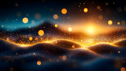 Poster - Abstract waves of golden light against a dark blue background with glowing particles.
