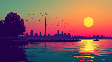 city skyline at sunset