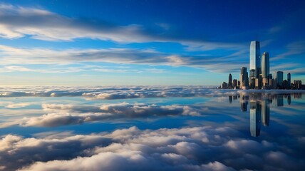 Aufkleber - A stunning reflection a world where the sky meets the city creating a dreamlike landscape of clouds and skyscrapers