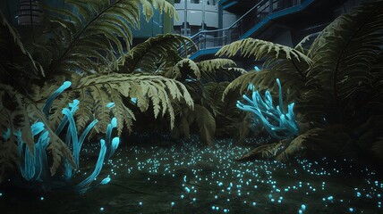Poster - Exploring a prehistoric forest a mystical encounter with lush ferns and bioluminescent flora in a futuristic landscape