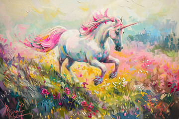 Fantastically beautiful mythological pink unicorn with long horn