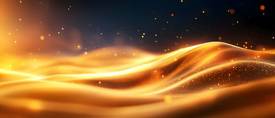 Poster - Abstract golden waves with sparkling particles on a dark background, creating a mesmerizing and dynamic visual effect.