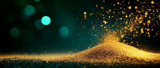 Poster - A heap of shimmering golden glitter against a dark, blurred background, creating an enchanting, magical effect.