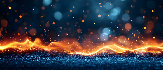 Poster - Abstract glowing waves of orange and blue with a magical bokeh background, perfect for digital art and texture.