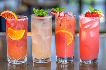 Wall Mural - Four colorful cocktails with fruit garnish are lined up on a bar, waiting to be served