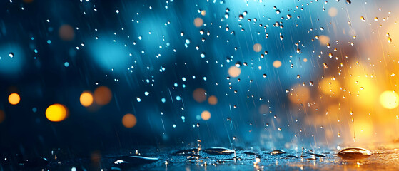 Poster - Raindrops on a surface with a beautiful bokeh background of blue and orange lights, creating a serene and calming atmosphere.