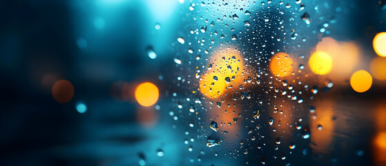Poster - Close-up of raindrops on glass, creating a blurred vision of colorful city lights behind.