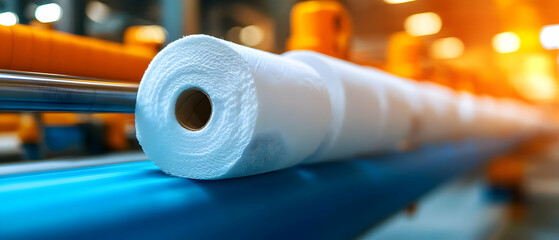 Close-up of a white paper roll on a production line, showcasing modern manufacturing processes.