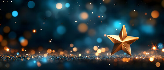 Poster - Golden star on a sparkling blue background with bokeh lights creating a magical atmosphere.