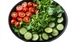 © BGSTUDIOX - Illustration of a colorful mixed greens salad in a black bowl, white background, cherry tomatoes and cucumbers, vibrant colors, top view composition.