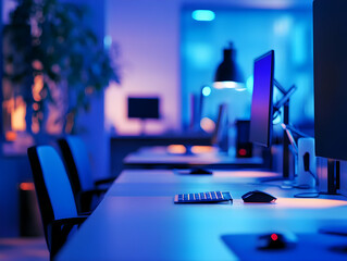 Poster - Modern office workspace with sleek design, illuminated monitors, and ambient lighting creating a professional environment.