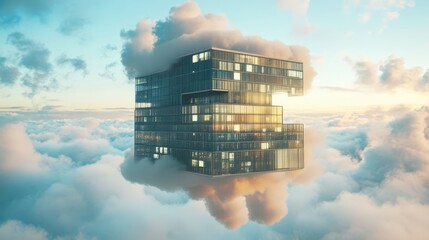 Canvas Print - A surreal building floats in the sky, encircled by clouds, showcasing a blend of modern architecture and dreamlike fantasy.