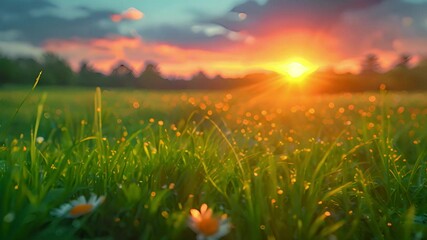 Poster - The sun dips below the horizon, casting a warm glow over a grassy field dotted with daisies.