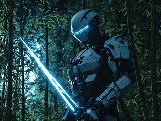 Poster - Futuristic robot standing in a bamboo forest, holding a glowing sword, embodying innovation and advanced technology.