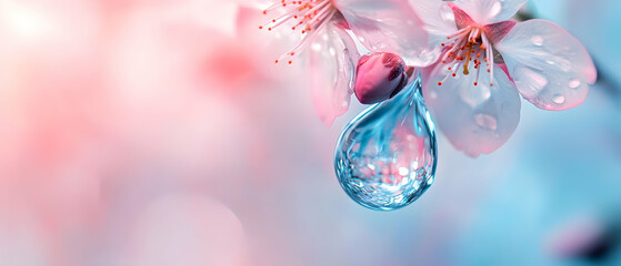 Poster - Delicate cherry blossom with water droplets on vibrant pink background, creating a serene and refreshing aesthetic.
