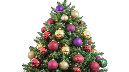 large Christmas tree beautifully adorned with colorful ornaments, creating festive and joyful atmosphere. vibrant decorations include red, gold, and purple baubles, enhancing holiday spirit