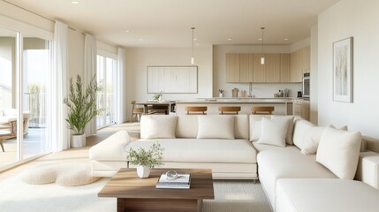 Simple modern living room design with neutral furniture and light decor. Featuring clean lines and open layout. Showcasing minimalist trends. Ideal for real estate presentations