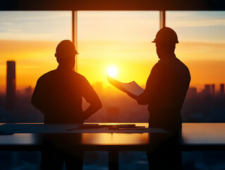 Silhouetted construction workers examining blueprints at sunset in a modern office setting.