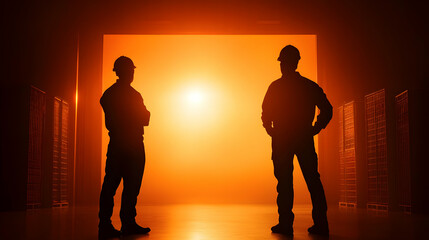 Silhouettes of two workers against a glowing orange background, symbolizing teamwork and collaboration in a productive environment.