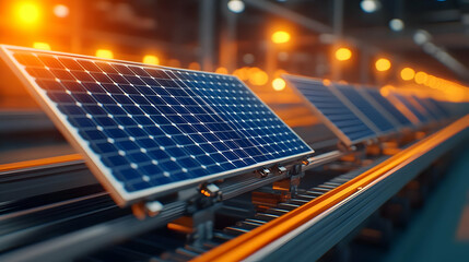 Solar panels on a production line, showcasing modern renewable energy technology under warm lighting.