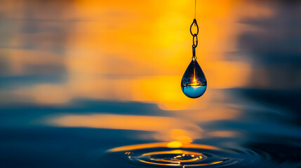 Poster - A stunning close-up of a water droplet suspended above a serene surface, illuminated by golden light, capturing nature's beauty.